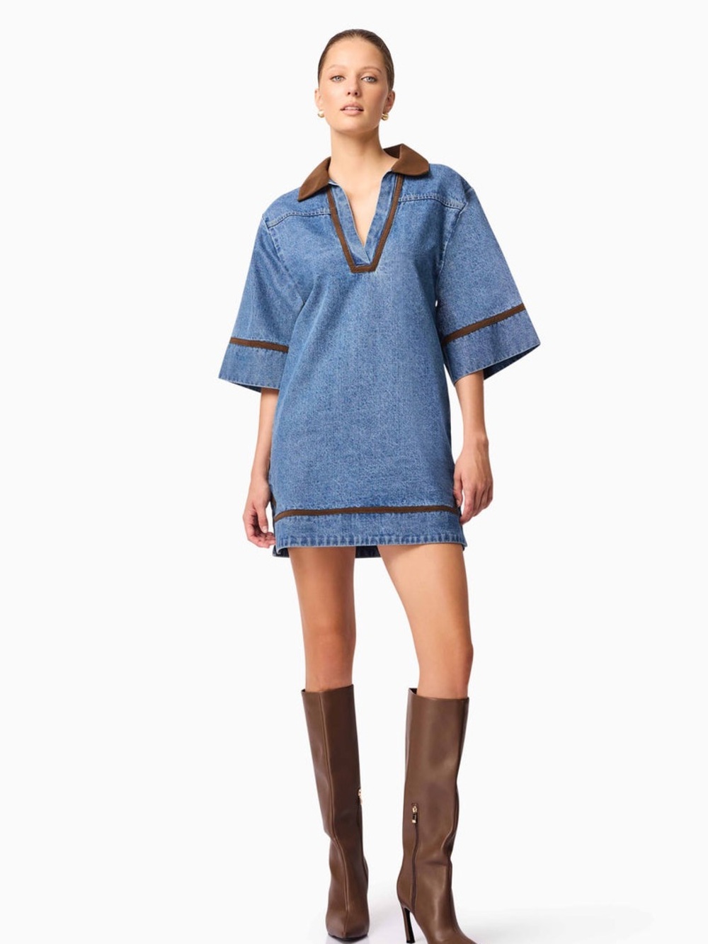 Anthropologie Blue Denim-Style Mini Dress with Brown Trim